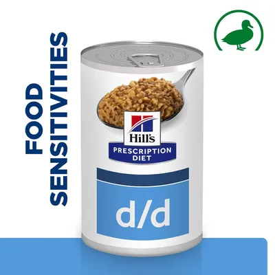 Hill's Prescription Diet d/d food for food sensitivities, shown in a can with a spoonful of the product and a green duck symbol.