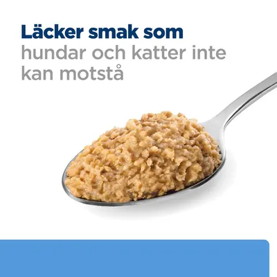 Text: Läcker smak som hundar och katter inte kan motstå. Sked med blötfoder för husdjur.