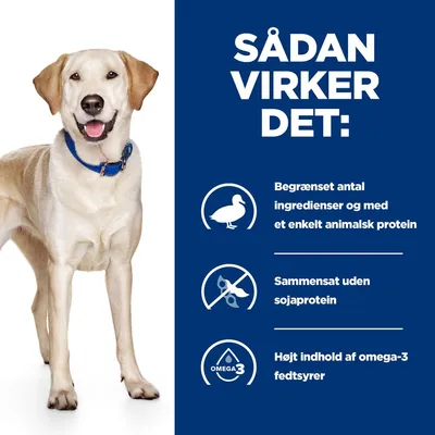 SÅDAN VIRKER DET: Begrænset antal ingredienser og med et enkelt animalsk protein. Sammensat uden sojaprotein. Højt indhold af omega-3 fedtsyrer.