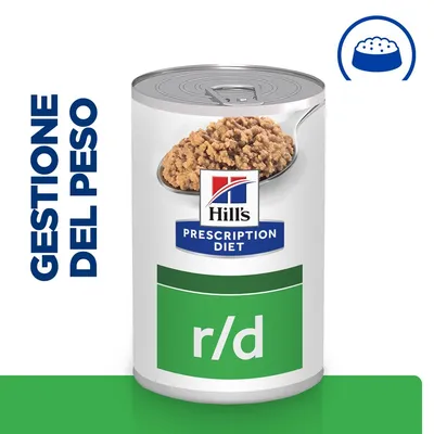 Scatoletta Hill's Prescription Diet r/d, scritta visibile 'GESTIONE DEL PESO', immagine di cibo umido su cucchiaio, simbolo ciotola in alto a destra.