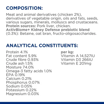 Ingredients: meat and animal derivatives, chicken 2%, pork liver, chicken, prebiotic blend. Analytical values: protein 4.1%, fat 5.9%, fibre 0.93%, vitamins A, D3, E per kg.