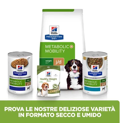 Hill's Prescription Diet Metabolic + Mobility j/d, crocchette e cibo umido per cani, confezioni con etichette verdi e bianche, scritta: Prova le nostre deliziose varietà in formato secco e umido.