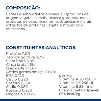 Composição: carnes, subprodutos animais e vegetais, cereais, óleos, ovos, legumes, minerais. Constituintes analíticos: proteína 7 %, gordura 3,7 %, fibra 3,9 %, humidade 75 %, energia 864 kcal/kg.