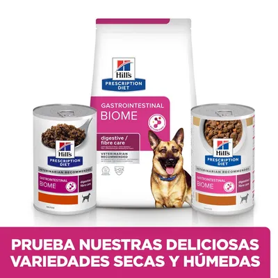 Hill's Prescription Diet Gastrointestinal Biome para perros, comida seca y húmeda. Texto: Prueba nuestras deliciosas variedades secas y húmedas.