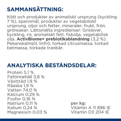 Sammansättning: kött och produkter av animaliskt ursprung (kyckling 7 %), spannmål, oljor, mineraler, frukt, grönsaker. Analytiska beståndsdelar: protein 5,1 %, fett 3,8 %, vatten 74 %.