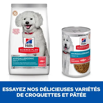 Hill's Science Plan Hypoallergenic croquettes et pâtée pour chien adulte, spécialité sans céréales, au saumon, visible sur l'emballage. Texte promotionnel : Essayez nos délicieuses variétés.