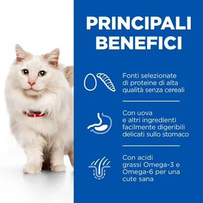 PRINCIPALI BENEFICI: Fonti selezionate di proteine di alta qualità senza cereali. Con uova e ingredienti facilmente digeribili delicati sullo stomaco. Con acidi grassi Omega-3 e Omega-6.
