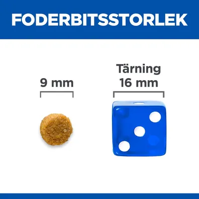 Foderbitsstorlek: foderbit 9 mm bredvid blå tärning 16 mm. Text: 'FODERBITSSTORLEK', '9 mm', 'Tärning 16 mm'. Visuell jämförelse av storlekar.