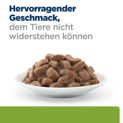 Hervorragender Geschmack, dem Tiere nicht widerstehen können. Abgebildet ist ein Teller mit saftigen Fleischstücken in Sosse.
