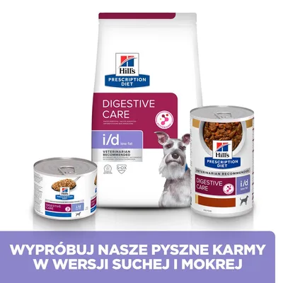 Hill's Prescription Diet Digestive Care i/d low fat dla psów, opakowanie suchej karmy oraz dwie puszki mokrej. Widoczny pies rasy sznaucer. Tekst: Wypróbuj nasze pyszne karmy w wersji suchej i mokrej.