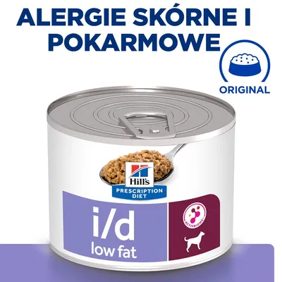 Hill's Prescription Diet i/d low fat, puszka z karmą mokrą dla psa. Napis: Alergie skórne i pokarmowe. Symbol miski z napisem Original. Widoczny znak ActivBiome+.