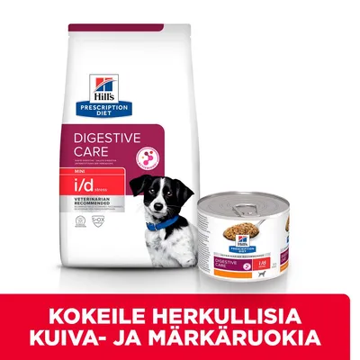 Hill's Prescription Diet Digestive Care Mini i/d stress -koiranruokapakkaus ja märkäruokapurkki, etiketissä koira. Teksti: Kokeile herkullisia kuiva- ja märkäruokia.