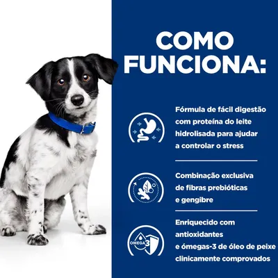 Texto: Como funciona. Fórmula de fácil digestão com proteína do leite hidrolisada, fibras prebióticas e gengibre, enriquecido com antioxidantes e ómegas-3 de óleo de peixe.