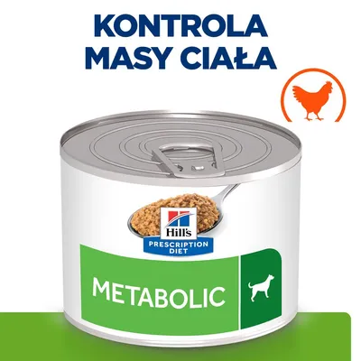 Hill's Prescription Diet Metabolic, kontrola masy ciała, puszka karmy dla psa z kurczakiem, widoczne logo i napis METABOLIC na etykiecie.
