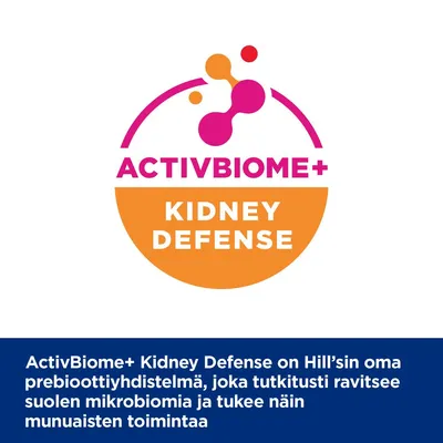 ActivBiome+ Kidney Defense. ActivBiome+ Kidney Defense on Hill’sin oma prebioottiyhdistelmä, joka tutkitusti ravitsee suolen mikrobiomia ja tukee munuaisten toimintaa.