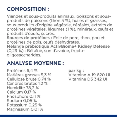 Composition : viandes, poissons (thon 5 %), huiles, céréales, légumes (1 %), œufs, sucres. Analyse moyenne : protéines 6,4 %, matières grasses 5,3 %, humidité 78,3 %, calcium 0,17 %.
