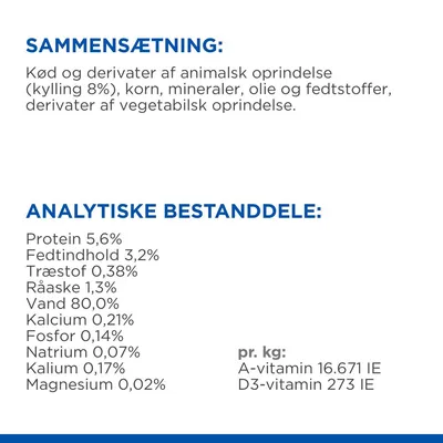 Sammensætning: kød og derivater af animalsk oprindelse (kylling 8 %), korn, mineraler, olie og fedtstoffer, vegetabilske derivater. Analytiske bestanddele: protein 5,6 %, fedt 3,2 %, vand 80 %.