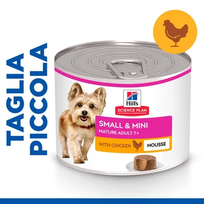 Scatoletta Hill's Science Plan Small & Mini Mature Adult 7+ con pollo, mousse per cani di taglia piccola. Testo visibile: TAGLIA PICCOLA, WITH CHICKEN, MOUSSE.