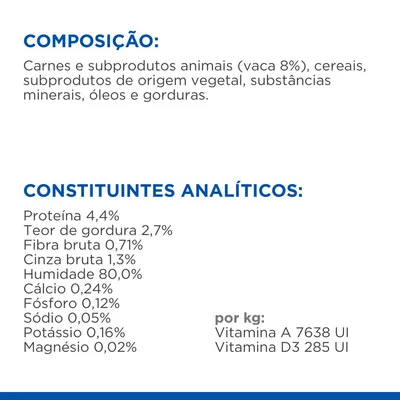Composição: carnes e subprodutos animais (vaca 8%), cereais, subprodutos de origem vegetal, substâncias minerais, óleos e gorduras. Constituintes analíticos: proteína 4,4%, gordura 2,7%, fibra 0,71%, cinza 1,3%, humidade 80%, cálcio 0,24%, fósforo 0,12%, sódio 0,05%, potássio 0,16%, magnésio 0,02%. Por kg: vitamina A 7638 UI, vitamina D3 285 UI.