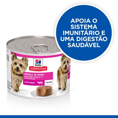 Hill's Science Plan Small & Mini Mature Adult 7+ with Beef Mousse. Texto visível: Apoia o sistema imunitário e uma digestão saudável.