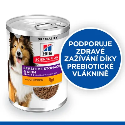 Hill's Science Plan Sensitive Stomach & Skin Adult 1–6 with Chicken. Podporuje zdravé zažívání díky prebiotické vláknině.