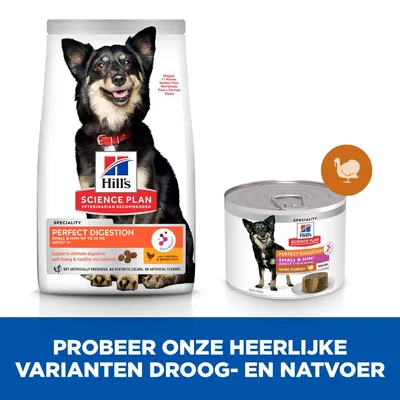 Hill's Science Plan Perfect Digestion Small & Mini Adult hondenvoer, droog- en natvoer varianten zichtbaar. Tekst: Probeer onze heerlijke varianten droog- en natvoer.