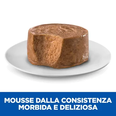 Mousse dalla consistenza morbida e deliziosa, porzione di alimento umido per animali su piatto bianco. Testo visibile: mousse dalla consistenza morbida e deliziosa.