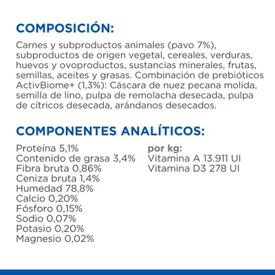 Composición: carnes y subproductos animales (pavo 7%), vegetales, cereales, minerales, frutas, semillas. Componentes analíticos: proteína 5,1 %, grasa 3,4 %, humedad 78,8 %, vitamina A 13.911 UI/kg.