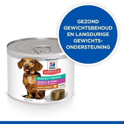 Hill's Science Plan Perfect Weight Small & Mini Adult 1+ met kalkoen mousse, blik hondenvoer. Tekst: Gezond gewichtsbehoud en langdurige gewichts-ondersteuning.
