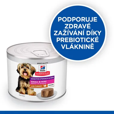 Hill's Science Plan Sensitive Stomach & Skin Small & Mini Adult 1–6 with Turkey. Podporuje zdravé zažívání díky prebiotické vláknině.