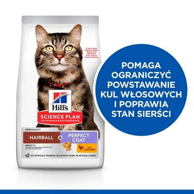 Hill's Science Plan Hairball & Perfect Coat with Chicken dla kotów dorosłych. Pomaga ograniczyć powstawanie kul włosowych i poprawia stan sierści. Widoczny kot na opakowaniu.