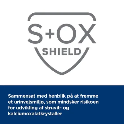 S+OX SHIELD. Sammensat med henblik på at fremme et urinvejsmiljø, som mindsker risikoen for udvikling af struvit- og kalciumoxalatkrystaller.