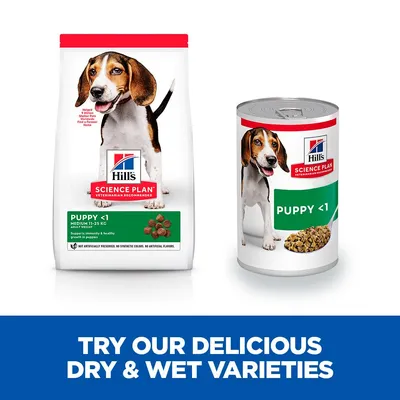 Hill's Science Plan Puppy <1 száraz és nedves kutyaeledel csomagolás, közepes testű kölyökkutyáknak, angol nyelvű felirat: TRY OUR DELICIOUS DRY & WET VARIETIES