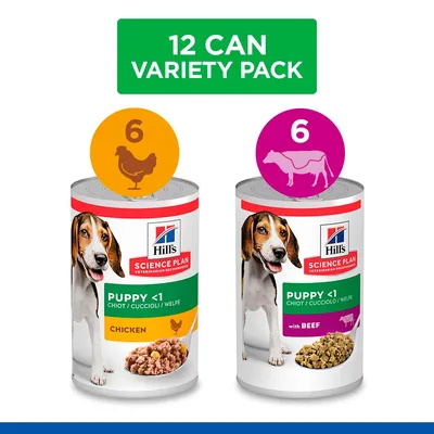 Hill's Science Plan Puppy <1 vegyes csomag: 6 konzerv csirkehússal, 6 konzerv marhahússal. Felirat: 12 Can Variety Pack.