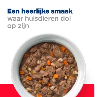 Tekst: Een heerlijke smaak waar huisdieren dol op zijn. Kom met natvoer, zichtbaar vlees, wortel en granen in saus.