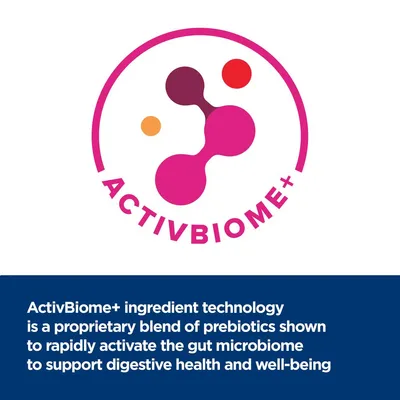 ActivBiome+ ingredient technology is a proprietary blend of prebiotics shown to rapidly activate the gut microbiome to support digestive health and well-being. ActivBiome+ logo visible.