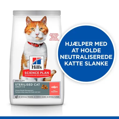Hill's Science Plan Sterilised Cat Adult 1–6 med laks. Hjælper med at holde neutraliserede katte slanke. Unique Weight Management Formula helps keep sterilised cats lean.