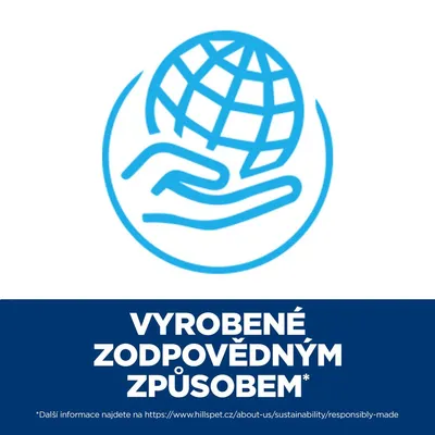 Text v češtine: VYROBENÉ ZODPOVĚDNÝM ZPŮSOBEM. Ikona ruky držiacej zemeguľu. Odkaz na ďalšie informácie: hillspet.cz/about-us/sustainability/responsibly-made