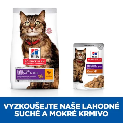 Hill's Science Plan Sensitive Stomach & Skin Adult 1+ s kuřetem a krůtou, balení suchého a mokrého krmiva pro kočky. Text: VYZKOUŠEJTE NAŠE LAHODNÉ SUCHÉ A MOKRÉ KRMIVO.