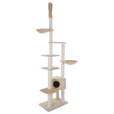 Klatrestativ til katte med flere platforme, to runde liggekurve og en firkantet hule med indgangshul. Stativet er i lyse farver og har sisalbeklædte stolper.