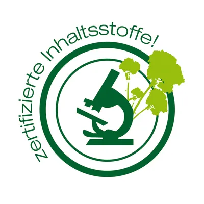 Zertifizierte Inhaltsstoffe mit grünem Mikroskop und Brokkoli-Symbol.