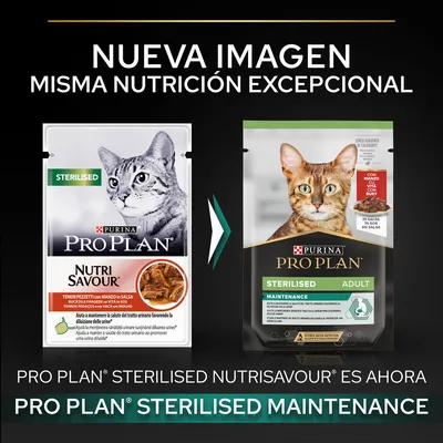 Cambio de imagen en el envase de Purina Pro Plan Sterilised para gatos: antes Nutri Savour, ahora Sterilised Maintenance. Texto: 'Nueva imagen, misma nutrición excepcional'.