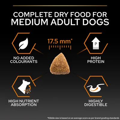 Complete dry food for medium adult dogs. Features: no added colourants, high protein, high nutrient absorption, highly digestible. Kibble size shown as 17.5 mm.