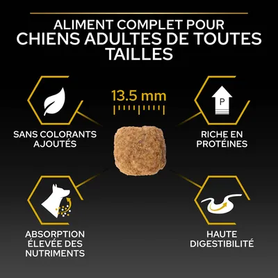 Aliment complet pour chiens adultes toutes tailles, croquette 13,5 mm. Sans colorants ajoutés, riche en protéines, absorption élevée des nutriments, haute digestibilité.