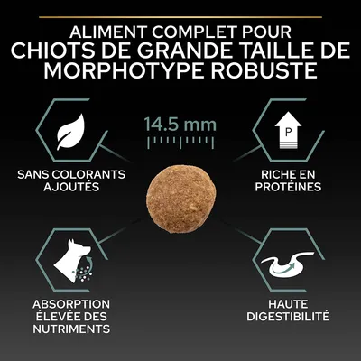 Aliment complet pour chiots de grande taille morphotype robuste, croquette 14,5 mm, sans colorants ajoutés, riche en protéines, absorption élevée des nutriments, haute digestibilité.