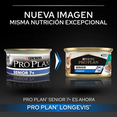 Cambio de imagen: Purina Pro Plan Senior 7+ ahora es Pro Plan LongevIS Senior. Texto: Nueva imagen, misma nutrición excepcional. Envases antiguos y nuevos visibles.