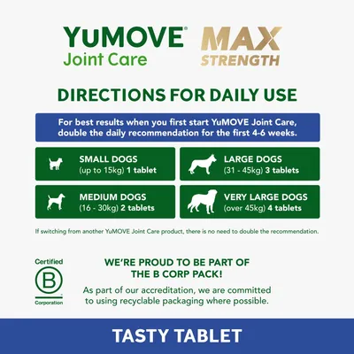 YuMOVE Joint Care Max Strength daily use directions: small dogs up to 15kg 1 tablet, medium 16-30kg 2 tablets, large 31-45kg 3 tablets, very large over 45kg 4 tablets. Double for first 4-6 weeks.