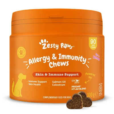 Allergy and immunity chews for skin and immune support, with salmon oil, colostrum, 90 soft chews per pack, complementary feed for dogs, powered by PRIOHE HT-AD blend.