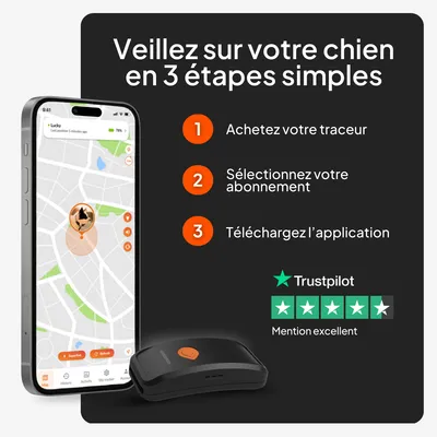 Instructions en trois étapes : 1. Acheter le traceur, 2. Choisir un abonnement, 3. Télécharger l’application. Note Trustpilot : excellent.