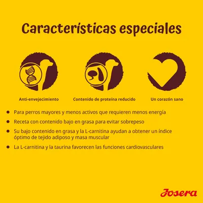 Características especiales: anti-envejecimiento, contenido de proteína reducido, un corazón sano. Para perros mayores y menos activos. Receta baja en grasa, con L-carnitina y taurina. Josera.